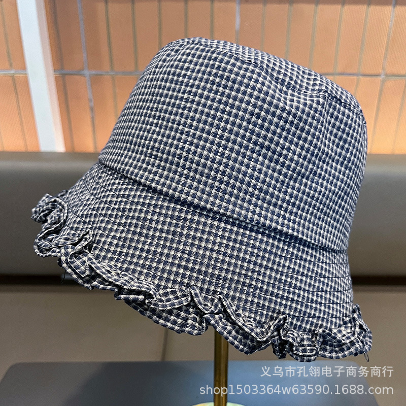 2025新款日系文艺复古格子渔夫帽女秋冬季小众设计感牛仔花边盆帽|undefined