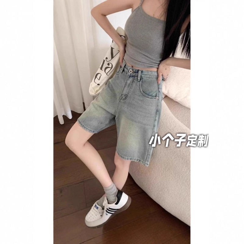 Blue Mid-Length Shorts for Women, Retro Plus-Size Denim Shorts, Summer High-Waisted Straight-Leg Loose Wide-Leg Shorts Blue Mid-Length Shorts for Women, Retro Plus-Size Denim Shorts, Summer High-Waisted Straight-Leg Loose Wide-Leg Shorts