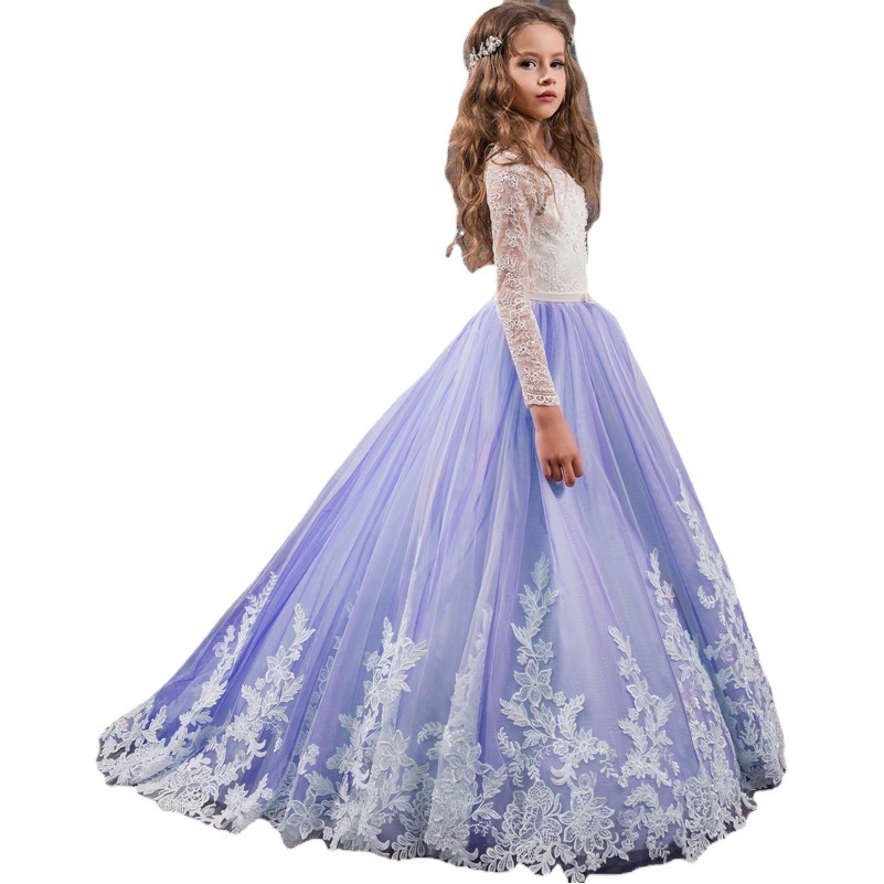 Ropa transfronteriza para niños nuevos Comercio exterior Encaje europeo y americano Manga larga Pequeño vestido de novia de niña de flores pequeñas Pettiskirt de niñas