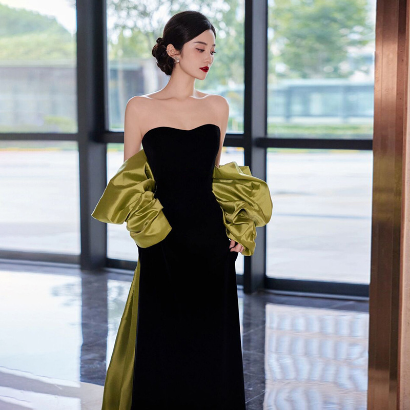 Bow Tie Ribbon Evening Dress Black French High-End Light Luxury Niche High-End Host Adult Birthday Banquet