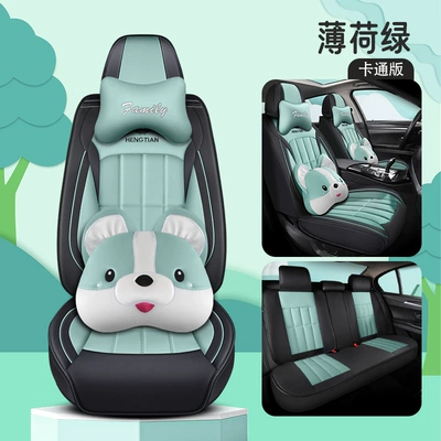 Universal seat cover linen fabric car seat cover - mint-green-cartoon-version-3