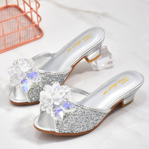 Children's 3 Slip-on Shoes 2024 New Model 4 Soft Heel High Heels Korean Style 5 Children's Crystal Shoes 6 Toe-Show Sandals