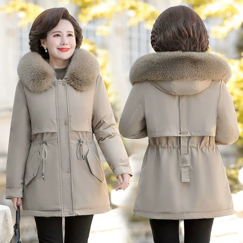 Warm long down jacket, mid-length, western style, for middle age, plus size