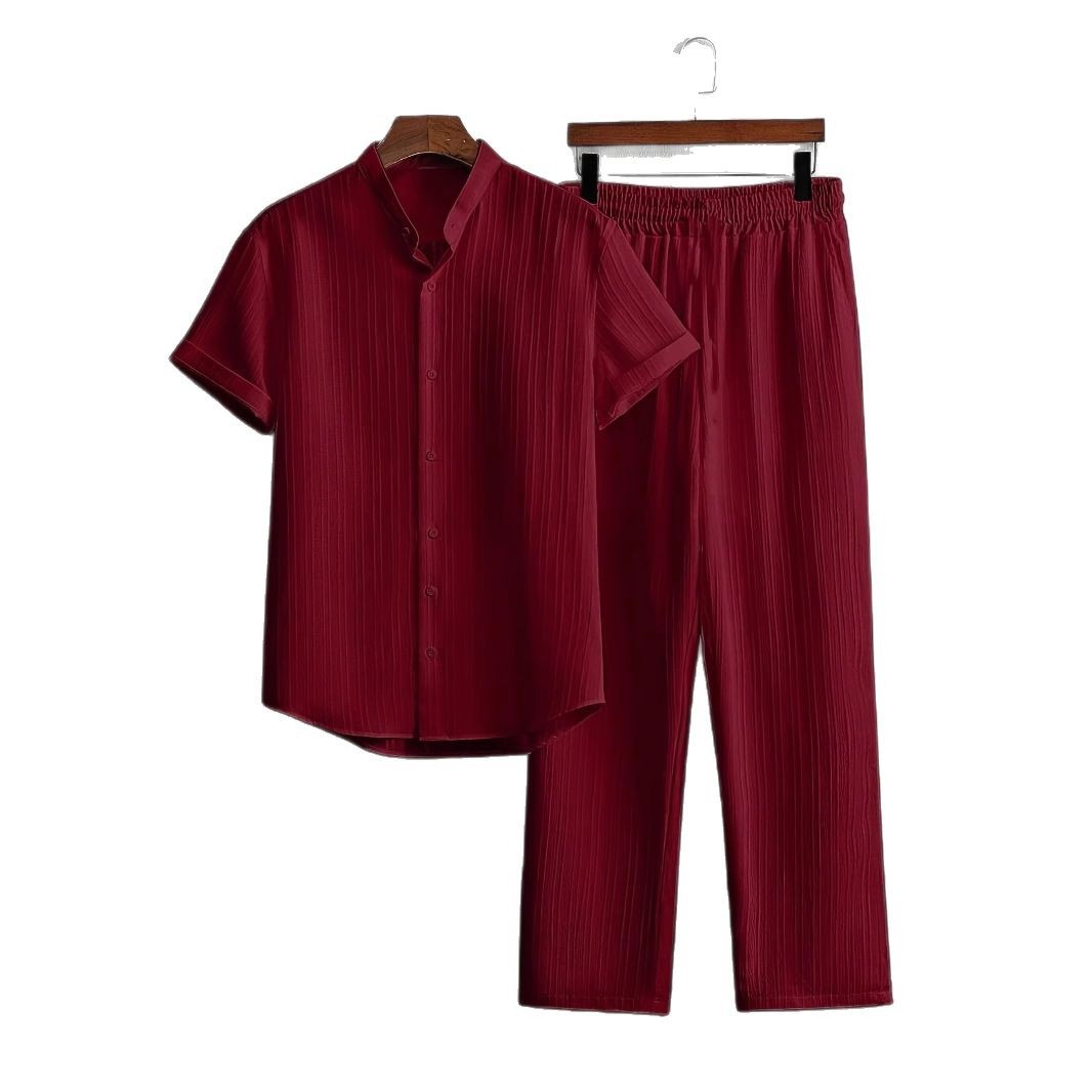 Lässiges Herren-Strandhemd-Set in Unifarben, Kurzarm-Baumwollmischung, knitterfreie Hose, mehrfarbiges Bambusgewebe_voghion.com