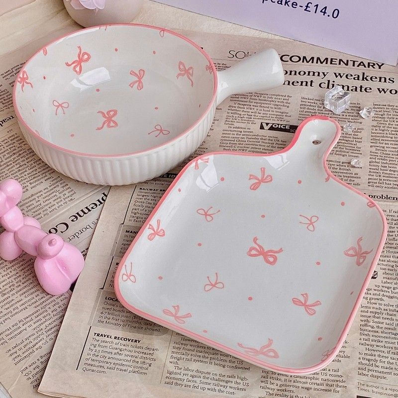 페어리 핑크 리본 [손잡이 그릇 + 손잡이 접시] 2개