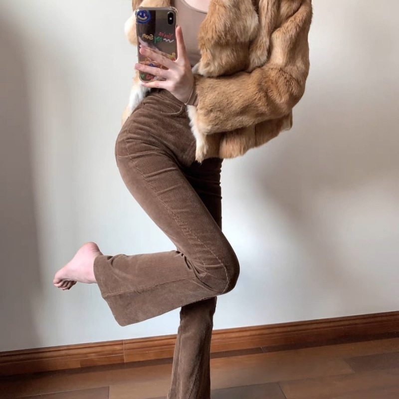 정말 아름다운  빈티지 다크 브라운 코듀로이 와이드 레그 바지 여성용 가을과 겨울 슬림핏 슬리밍 스트레치 마이크로 플레어 바지