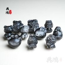 天然银曜石穿孔雕刻件diy配件龙龟五角星猫爪小熊醒狮狐狸兔子
