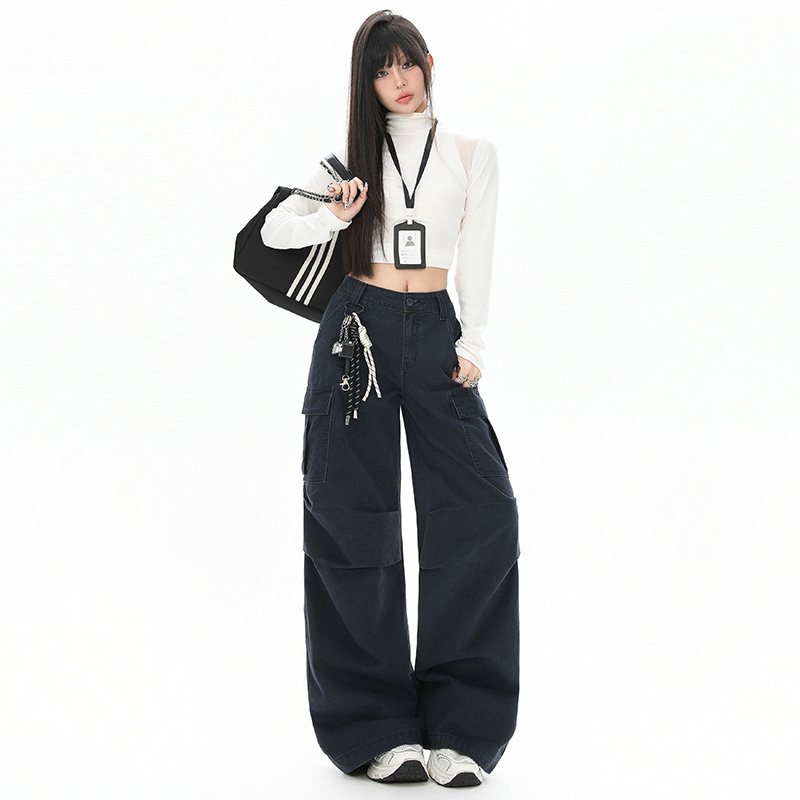 藏青色美式中低腰休闲工装阔腿牛仔裤女2025秋季新款宽松直筒裤子|undefined