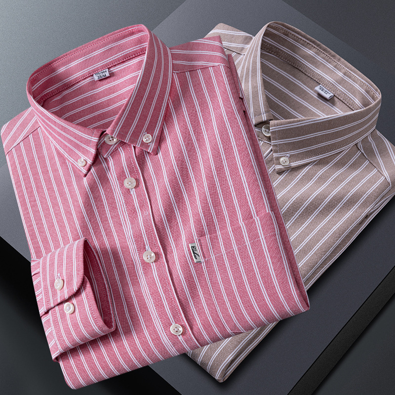 2025 New Autum Cotton Oxford Long-Sleeved Shirt Button Collar Stripesd Flap Pocket Pants Middle-Aged and Elderly Men's Shirt