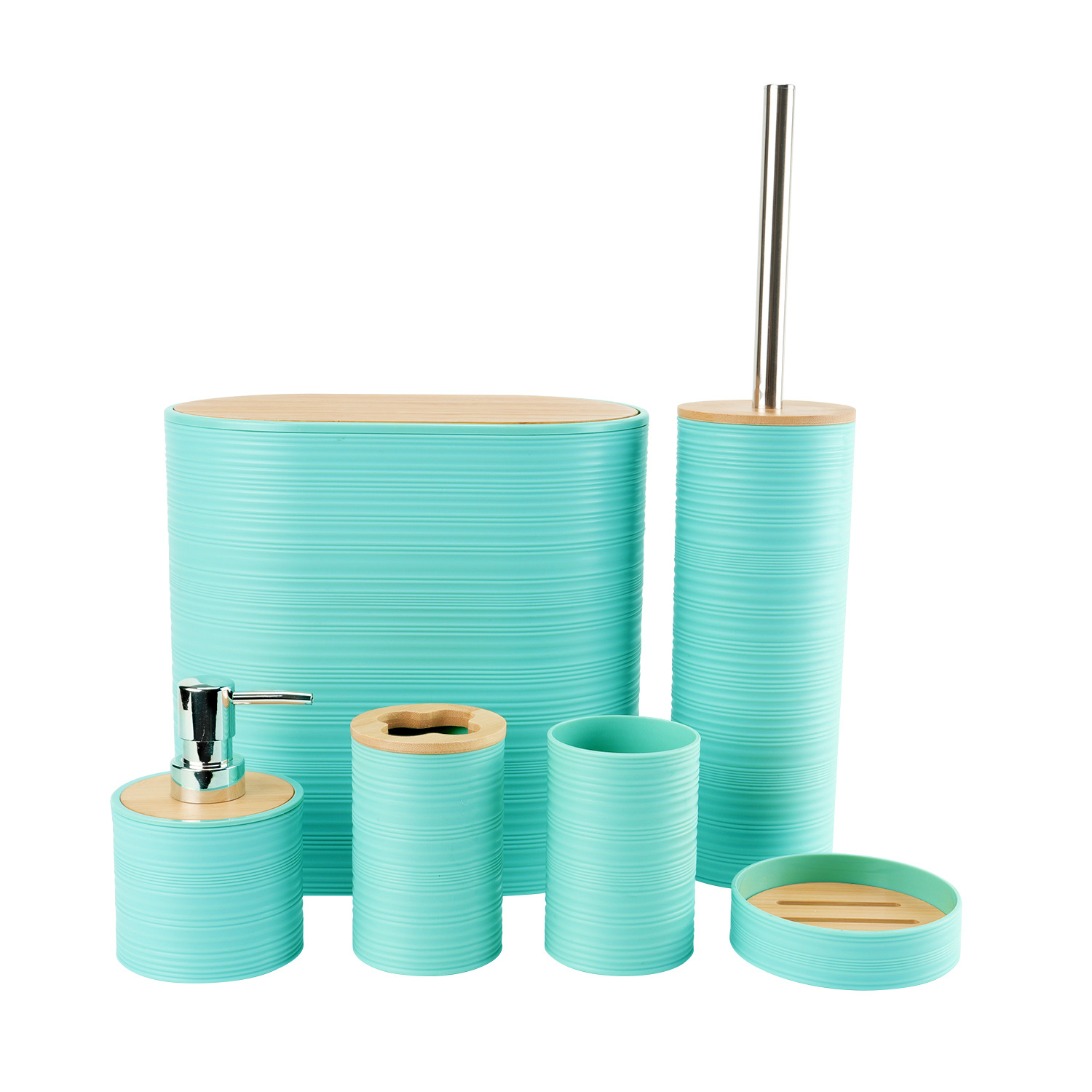 Tapa de bambú de patrón horizontal, baño, lavado de plástico, fabricante de seis piezas, almacenamiento de baño al por mayor, estante para enjuague, funda para cepillo de dientes