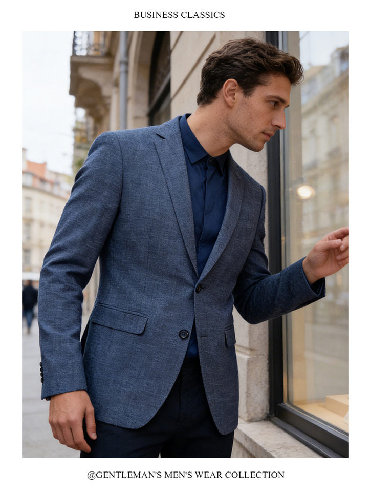 Bộ vest nam công sở không nhăn dáng ôm hai món, áo vest cổ bẻ phẳng một hàng hai cúc — Áo màu xanh dương, Màu xanh dương (áo + quần tây) chi tiết 17