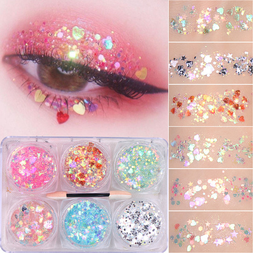 6-Color Sparkling Glue-Free Eyeliner Stickers with Glitter Stars, Shimmering Powder Eyeshadow Face Sticker Lip Makeup Gel