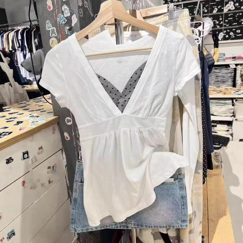 Bm Style New Simple Style Long White V-Neck Short-Sleeved T-Shirt for Women Loose Ruffled Sexy Waist-Slimming Top Bm Style New Simple Style Long White V-Neck Short-Sleeved T-Shirt for Women Loose Ruffled Sexy Waist-Slimming Top