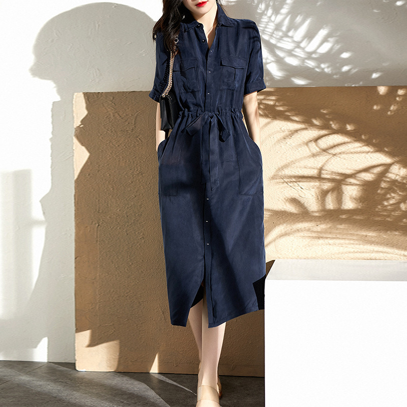 2026 Summer New Style Elegant Mature Style Waist-Cinching Dark Blue Dress for Women, Mid-Length Slimming Polo Collar Dress