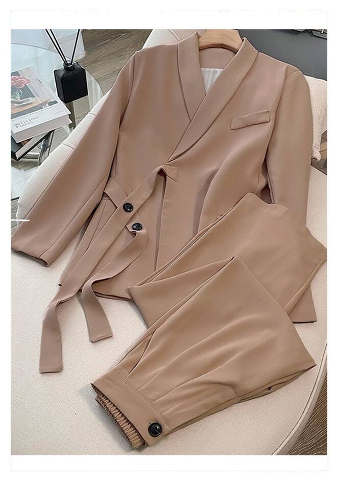 Bộ vest nữ hai mảnh dáng ôm thanh lịch, tay dài, phong cách công sở sang trọng — đen (bộ đồ), Kaki (bộ), Màu trắng nhạt (bộ), hồng (bộ) chi tiết 16
