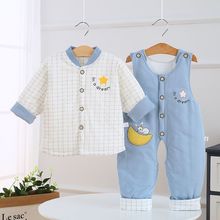 婴儿薄棉衣套装背带裤两件套新生儿衣服秋冬套装宝宝棉衣夹棉薄款