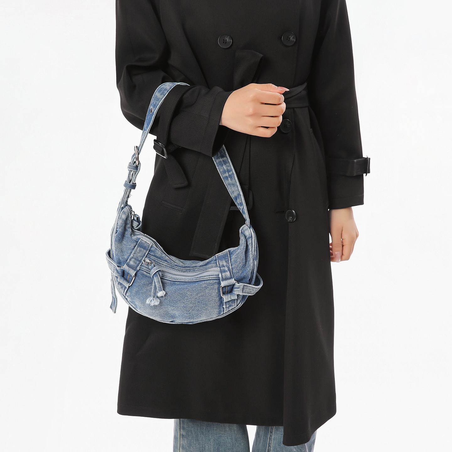 2026 Korean Retro Crescent Denim Dumpling Bag Crossbody Small Casual Shoulder Bag For Women - Thumbnail 3