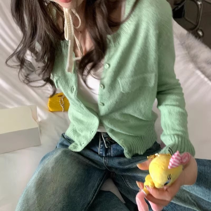 Ys Korean-Style Spring New Soft Mohair Multi-Color Gentle Round-Neck Pocket Top Women's Lazy Style Knitted Cardigan Ys Korean-Style Spring New Soft Mohair Multi-Color Gentle Round-Neck Pocket Top Women's Lazy Style Knitted Cardigan