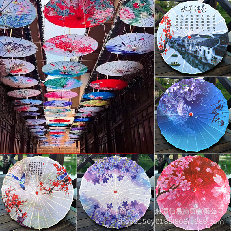 Factory wholesale classical wind decoration silk cloth oil paper umbrella waterproof sunscreen dance catwalk indoor ceiling scenic scenery