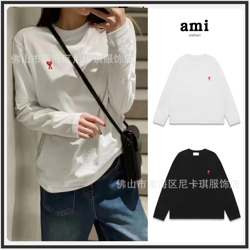 Cross-Border Ami Long-Sleeved 2025 Spring and Autum Embroidered Big Heart Loose Round Neck Men's and Women's Same Style T-Shirt Pure Cotton Top