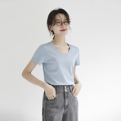無地VネックシルケットコットンTシャツレディース半袖高級綿100%気質シンプル通勤スリムボトムシャツトップス