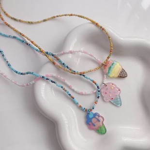 2025 Cartoon Children's Cute Ice Cream Ice Cream Pendant Necklace Girls Cartoon Accessories Beaded Necklace Clavicle Chain