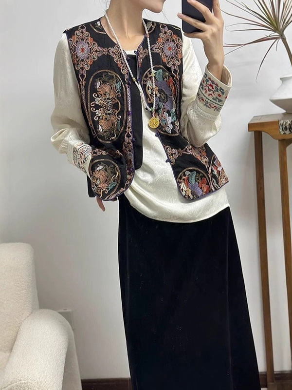 欧美早春款无敌爆款高端女装 重工中式刺绣龟裂纹马甲复古国风外|undefined