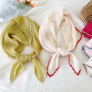 60 Solid Color Pleated Small Square Scarf Women's Spring and Autumn Korean Style Fresh Breathable Fashionable All-match Decorative Tulle Scarf