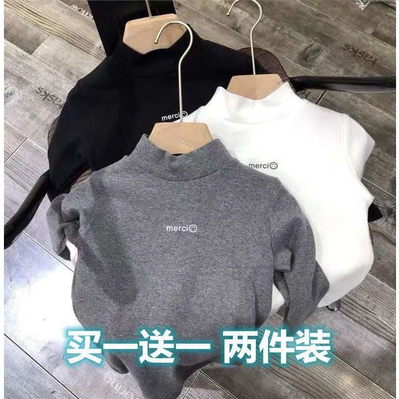 Cross-border 2026 Autumn/Winter New Style Half-High Neck Brushed Long-Sleeve T-Shirt Children's Fleece Lined Base Layer Boys and Girls Warm