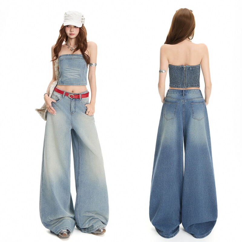 (High Quality) Retro Hot Girl Tube Top and Denim Pants Set, Stylish High-Waisted Wide-Leg Long Pants Two-Piece Set