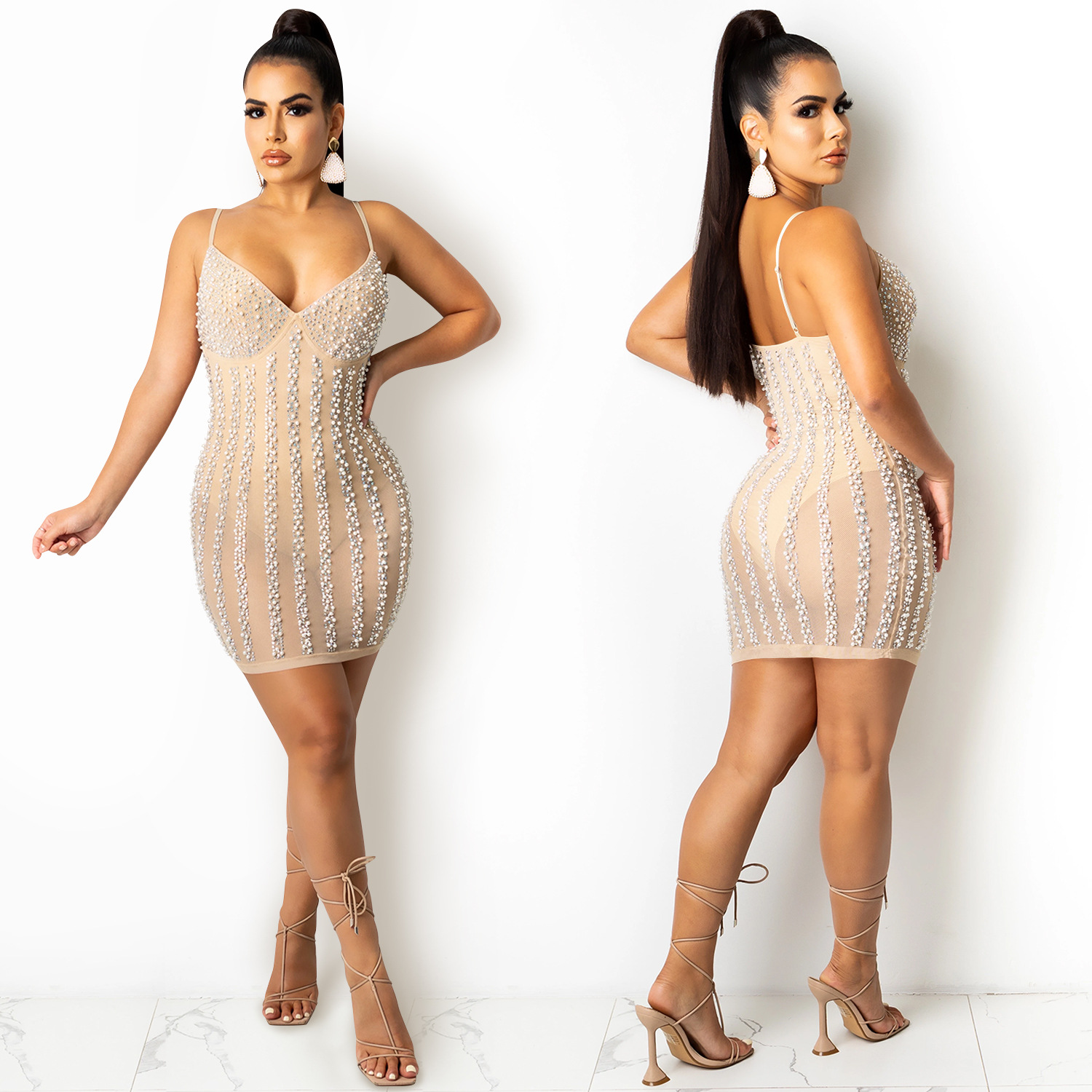 X5238 AliExpress eBay moda europea y americana verano nuevo club nocturno estilo rhinestone Correa ver a través de ropa de mujer vestido image 4