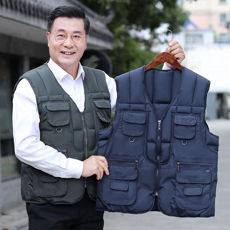Papá de mediana edad con chaleco de pesca de bolsillo de invierno de otoño caliente al aire libre de algodón para hombres
