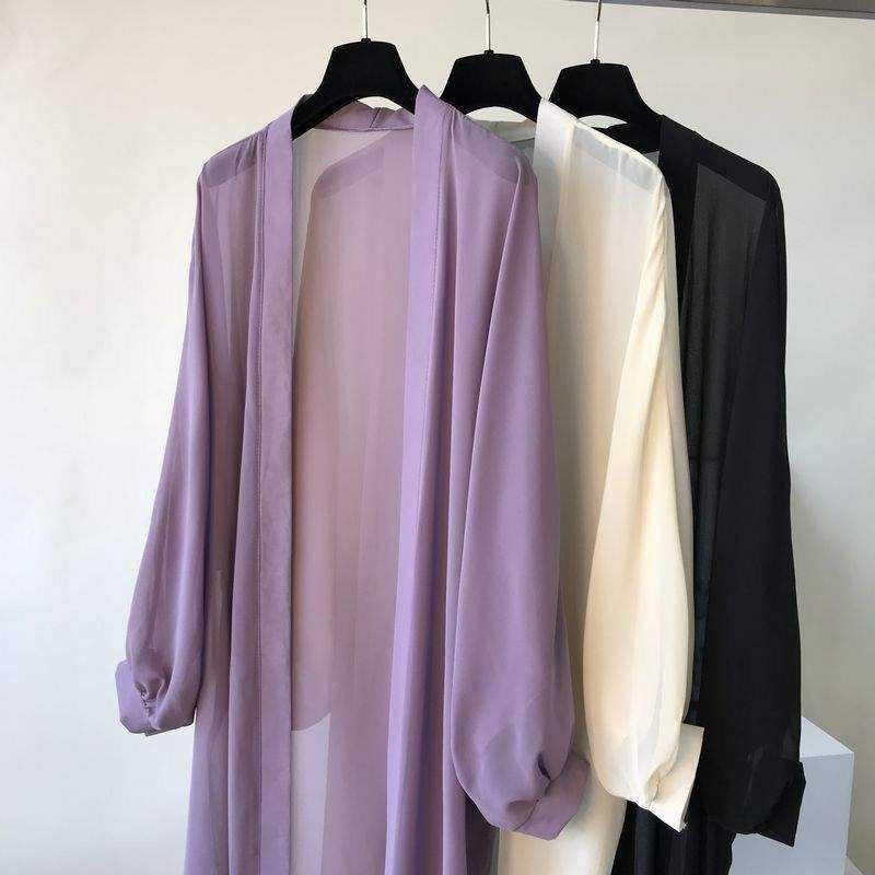 シフォン日焼け止め服ロング涼しい夏の新しいスタイルボタンなしルーズ薄手のアウターカーディガンミッドレングスビーチウェアショール|undefined
