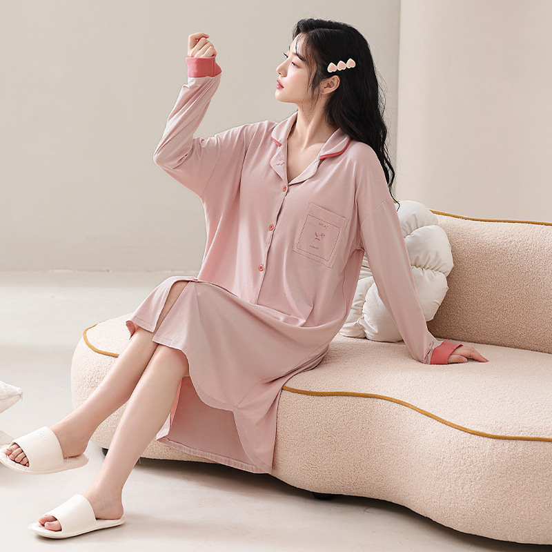 봄 가을 겨울 새로운 시원한 면화 풀 프레임 긴 소매 단색 배달을 기다리고 임산부의 잠옷을 편안한 레저 홈 밖에서 입을 수 있습니다