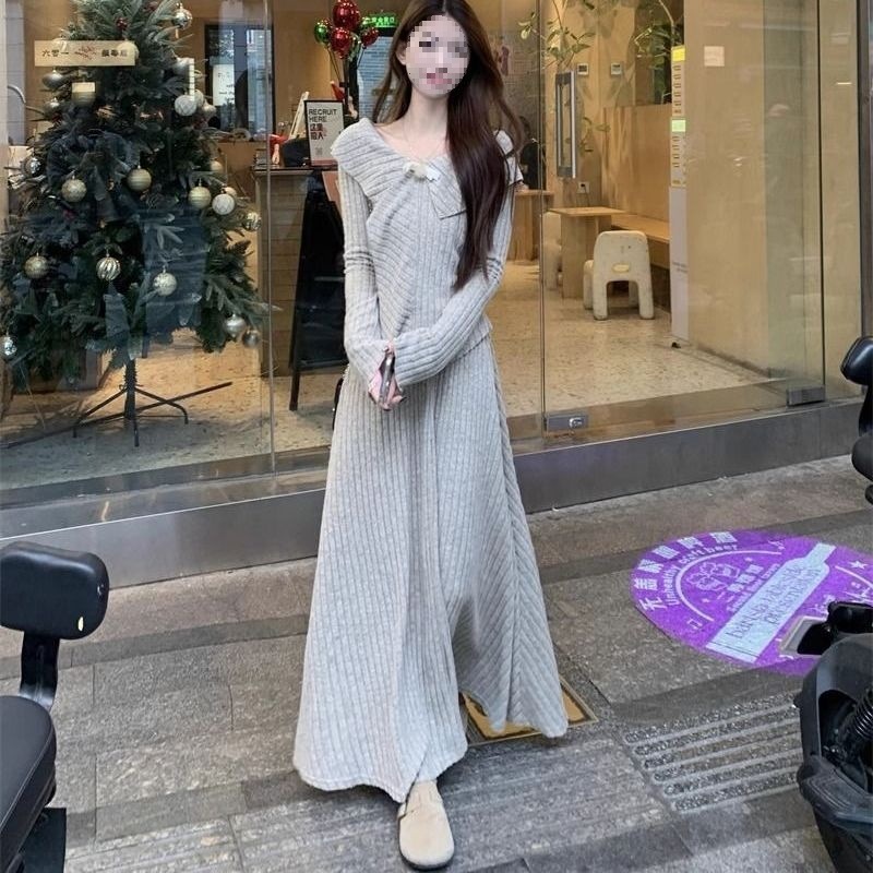 甜美时尚套装设计感不规则针织毛衣高腰半身长裙春秋女两件套减龄|undefined