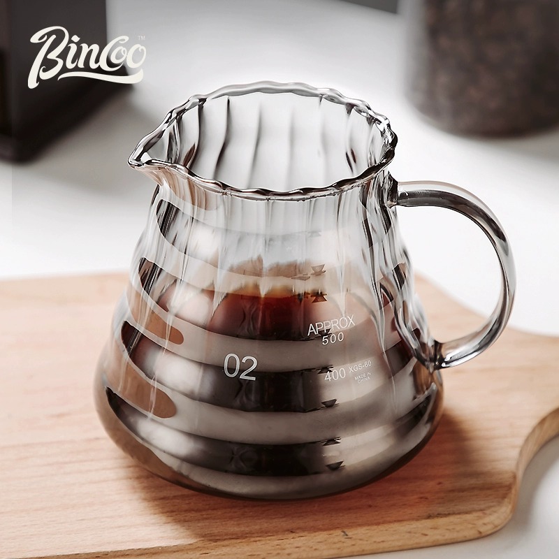 Juego de cafetera de descarga manual de Bincoo, olla para compartir con patrón vertical de vidrio, olla de nube con tapa, juego de taza con filtro de café