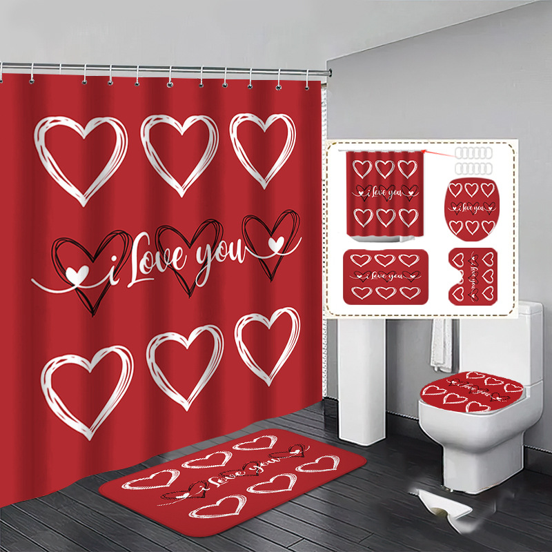 Día de San Valentín serie de cortina de baño esterilla de cuatro piezas set inodoro separado seco húmedo cortina de ducha impermeable cortina de ducha