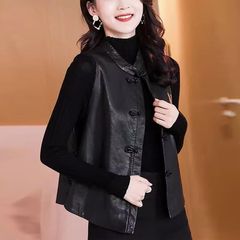 新中式马甲海宁皮衣2025新款外套复古女士马甲盘扣外穿背心皮褂子
