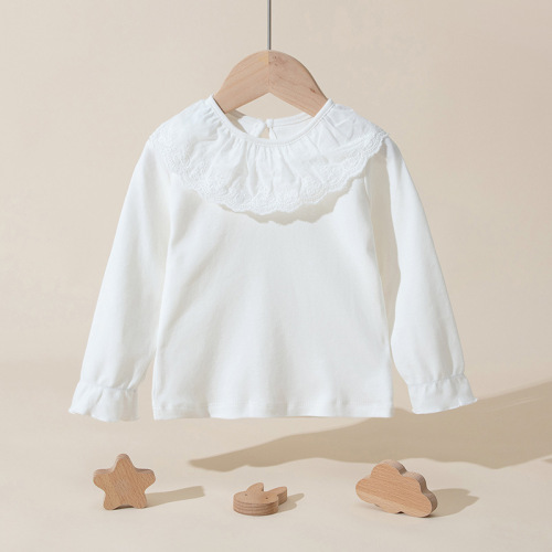 Baby Girls Spring and Autumn T-Shirt Pure Cotton Top Crew Neck Cute Long Sleeve Baby Doll Collar Base Shirt Autumn Clothes