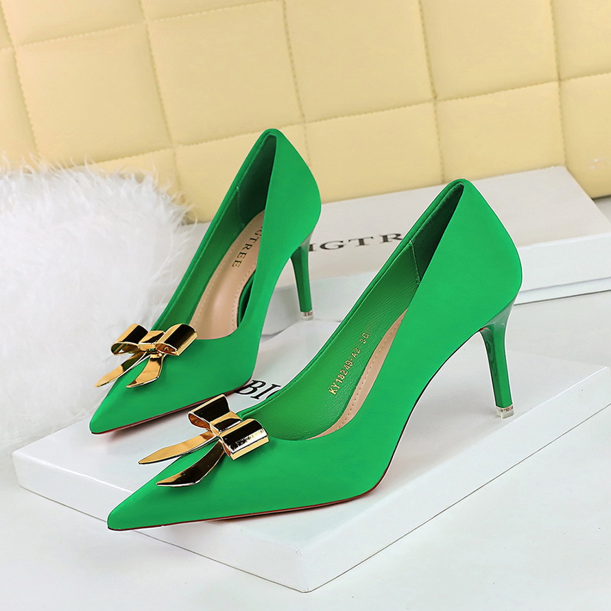 18249-AK68 Korean Style Fashion Party Women's Stiletto High Heels Satin Shallow Mouth Pointed Toe Metal Bow Single Shoes_vogvips.com