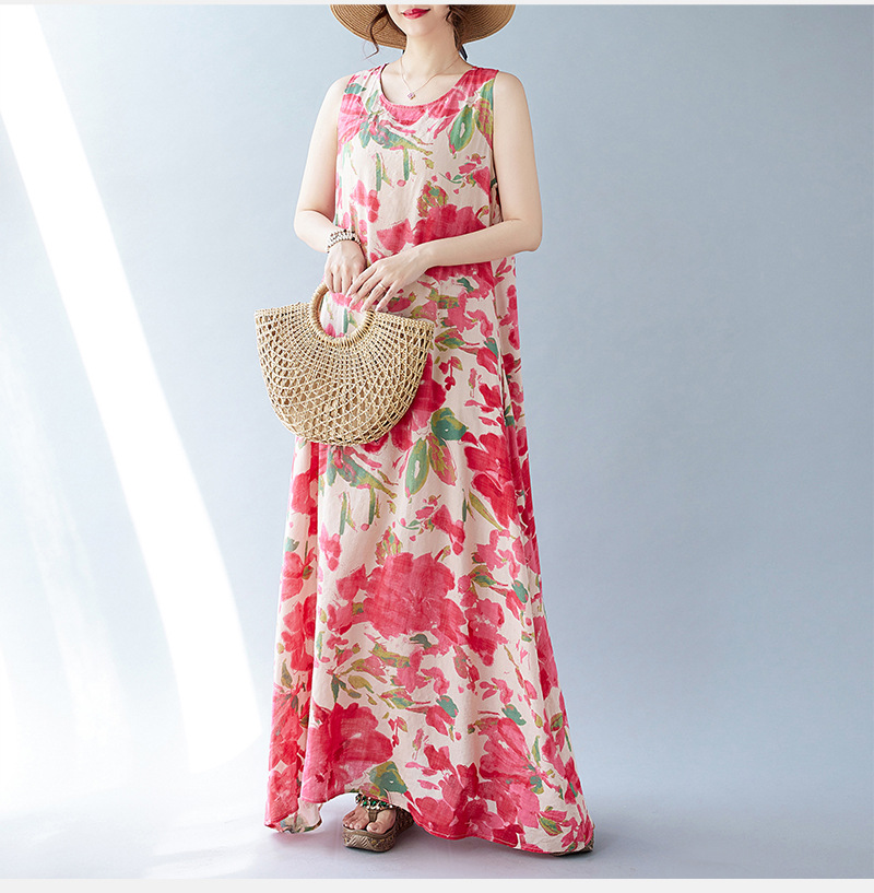 Real Shot Of The 2024 Summer New Bohemian Artistic Loose Sleeveless Round-neck Printed Mid-length Dress For Women_ecoleips.com