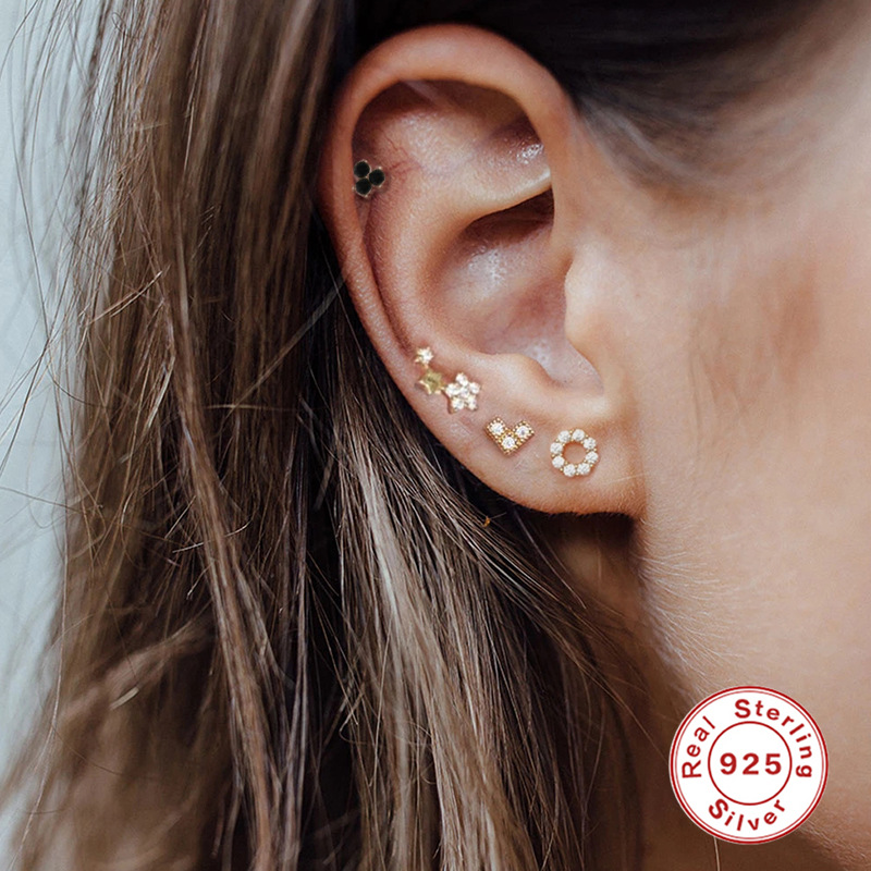 Fashion Star Moon Heart Shape Sterling Silver Inlay Ear Studs 1 Piece