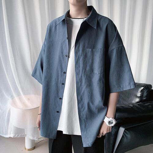 Men's Plain Color Collared Shirt Korean Style Trendy Summer New Short Sleeve Collar Shirt Loose Plus Size Thin Sports Style Jacket