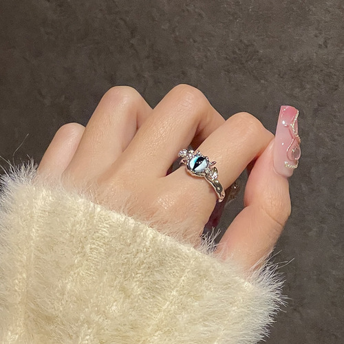  niche design bat cat's eye stone black and white gemstone open ring for women ins cold style French finger