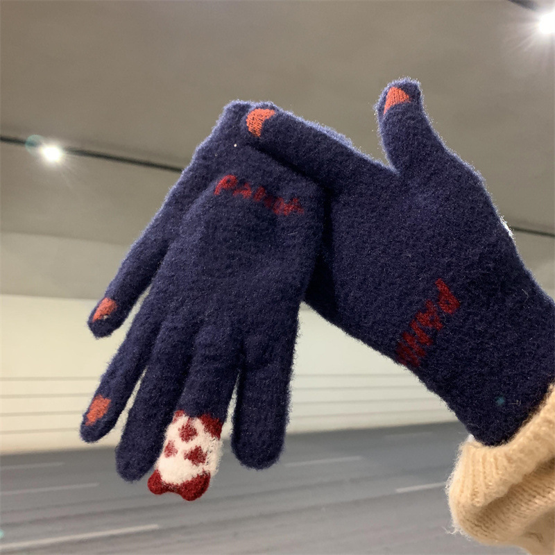 新款毛绒针织手套女加厚防寒冬季手套可爱卡通学生可触屏骑行手套|undefined