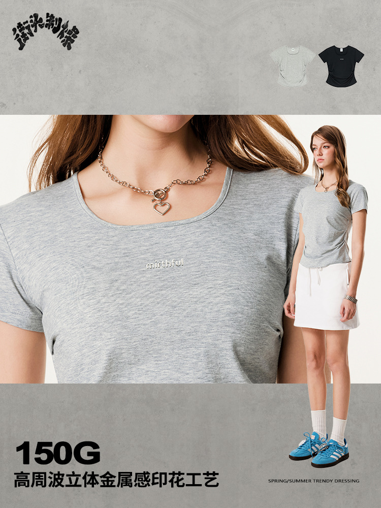 2025 verano americano temperamento caliente estereoscópico impresión de hombro camiseta de cintura delgada miui serie de mangas cortas T mujeres image 3