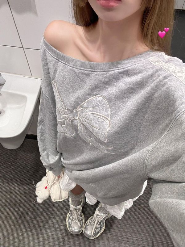 斜领蕾丝蝴蝶结刺绣灰色卫衣女秋冬设计感宽松慵懒气质上衣潮ins|undefined