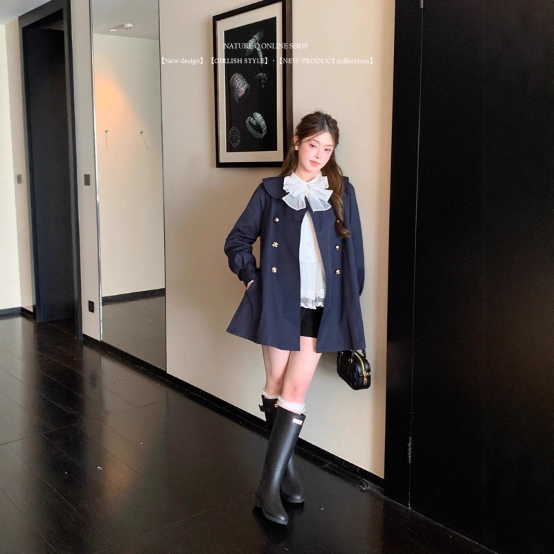 杨小卷 法式复古大翻领插肩袖斗篷风衣女宽松娃娃领秋季外套气质|undefined