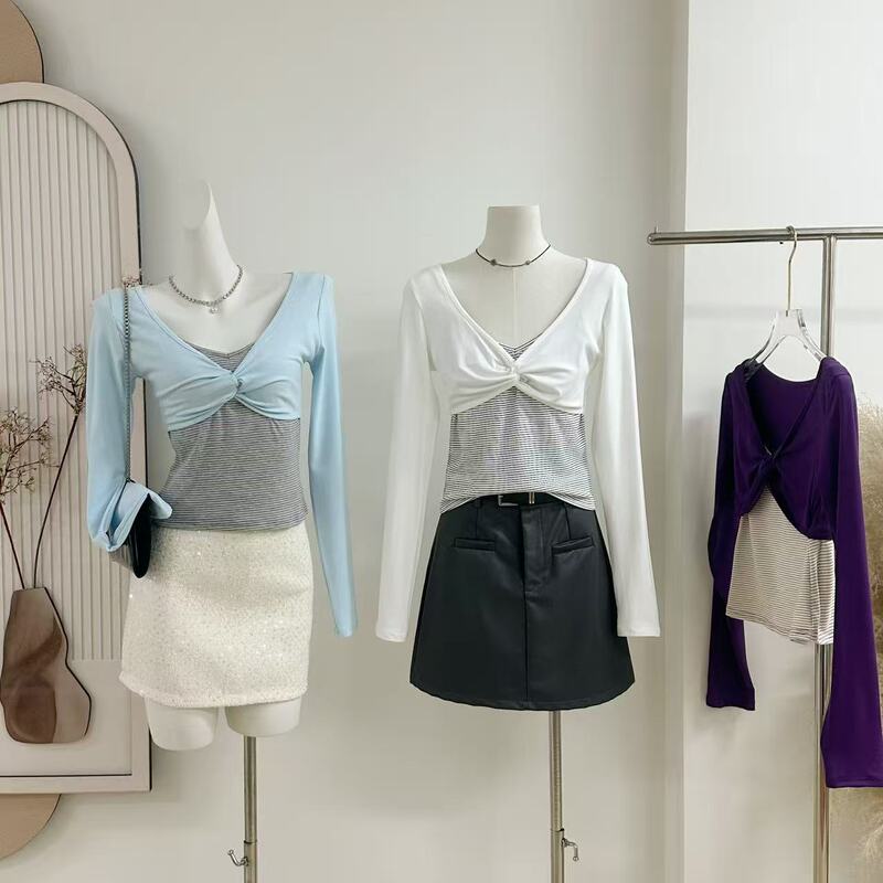 Suuuicee ◆ Romantic Balmain Fake Two-Piece Twisted Design Striped Long-Sleeve T-Shirt with Color-Blocking Knit Top Suuuicee ◆ Romantic Balmain Fake Two-Piece Twisted Design Striped Long-Sleeve T-Shirt with Color-Blocking Knit Top
