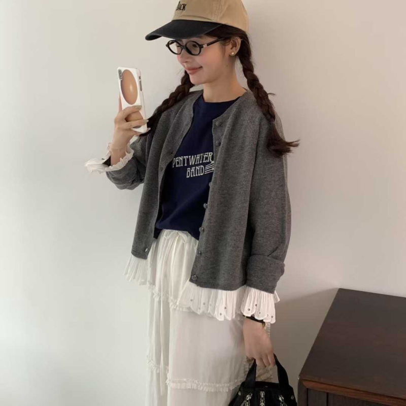 秋冬新款甜美风立体花边拼接设计感毛衣女开衫韩系短款针织衫外套|undefined
